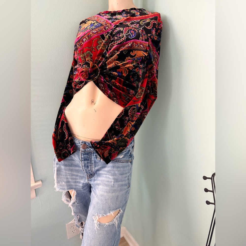 💫Stunning Vintage 90s Y2K Vivid Velvet Floral Paisley Patchwork Long Sleeve Top - Picture 14 of 15